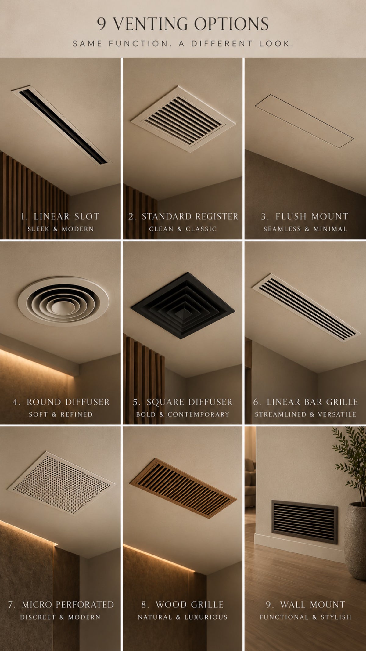 Nine ceiling vent designs shown side by side, comparing grille shapes and finishes.