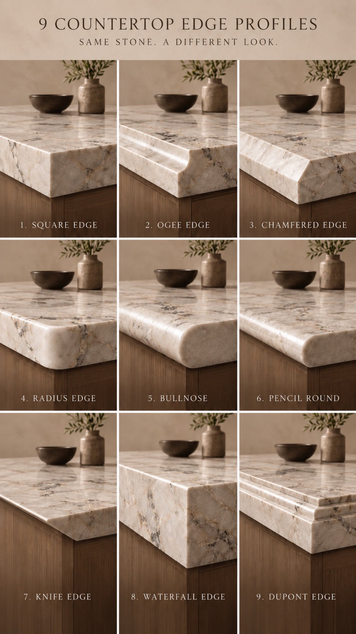 Nine countertop edge profiles shown close up, comparing rounded, beveled, and squared finishes.