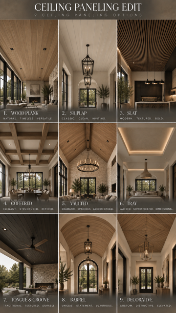 Nine ceiling paneling ideas shown in interior rooms, comparing different patterns and architectural details.