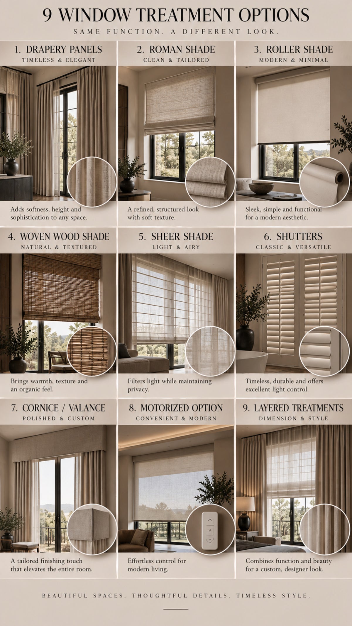 Nine window treatment styles shown side by side, comparing curtains, shades, and shutters.