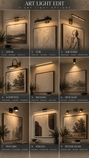 Nine art lighting options shown above framed artwork, comparing different picture light styles and finishes.
