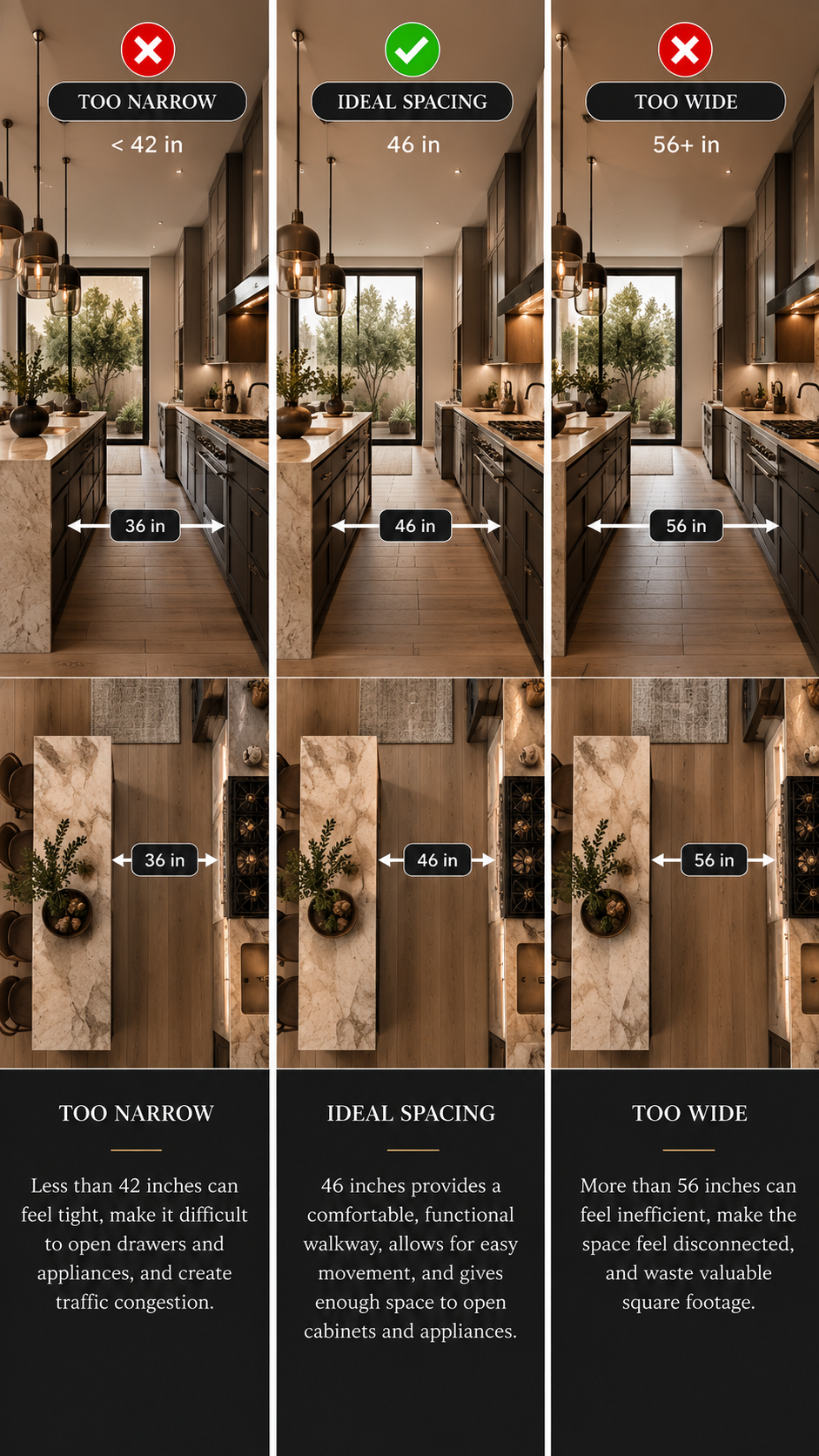 Kitchen layout guide comparing the walking space between an island and the adjacent countertop.