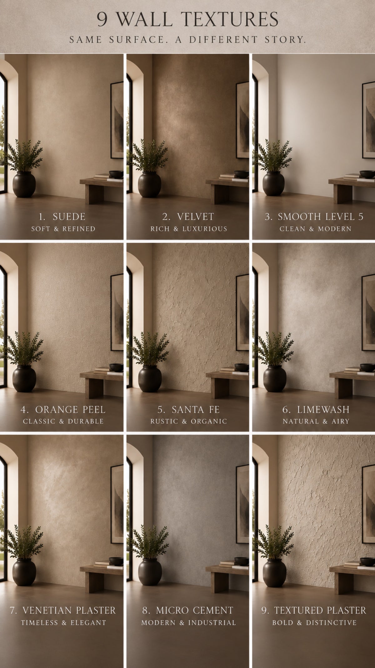 Nine interior wall textures shown side by side, comparing surface finishes and subtle patterns.