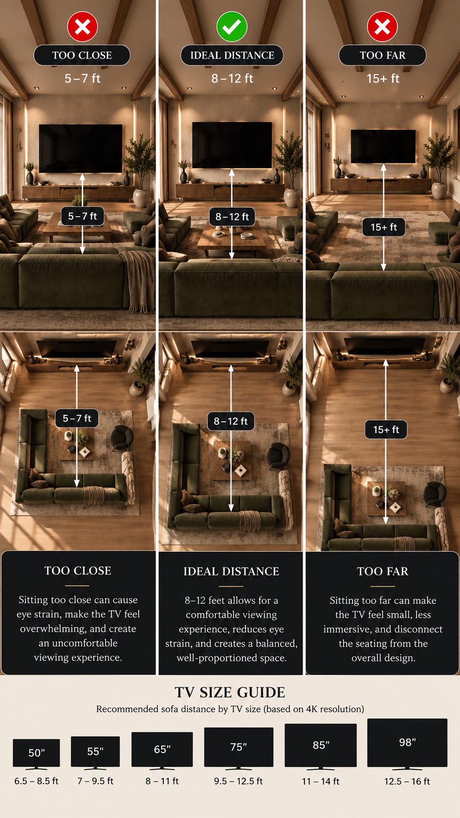 TV viewing distance guide comparing how far a sofa should be from the screen for different TV sizes.