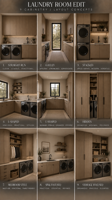 Nine laundry room designs shown side by side, comparing cabinetry, storage, and appliance layouts.