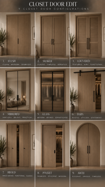 Nine closet door styles shown in interior rooms, comparing panel designs and door configurations.