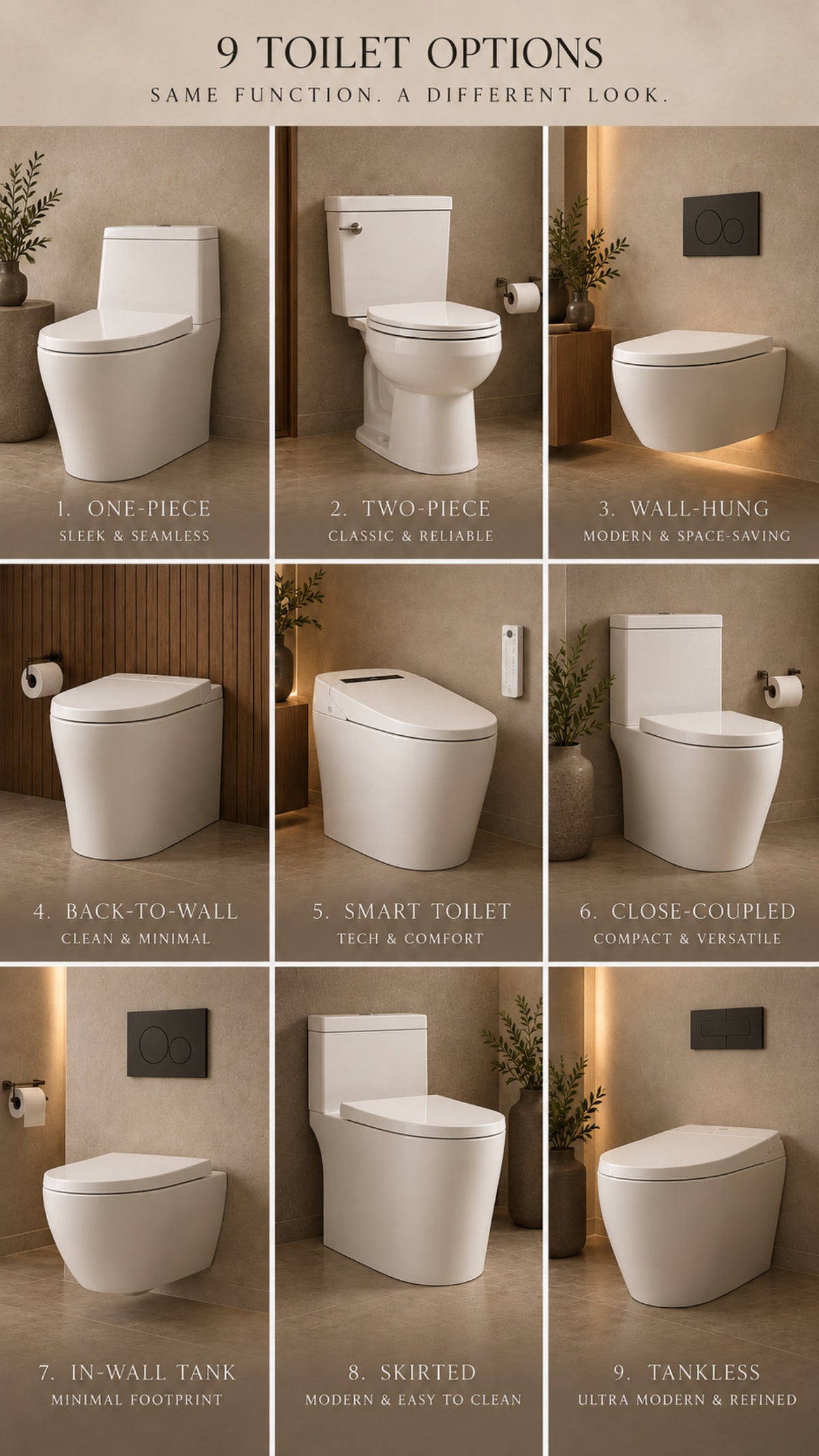 Nine toilet designs shown side by side, comparing bowl shapes, tank styles, and wall-mounted options.