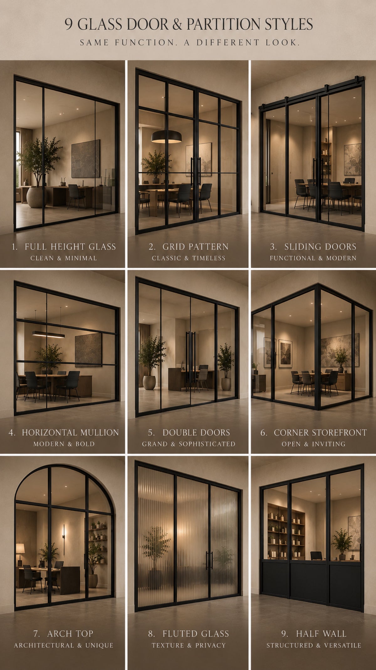 Nine glass door panel designs shown in interior rooms, comparing frame patterns and panel layouts.