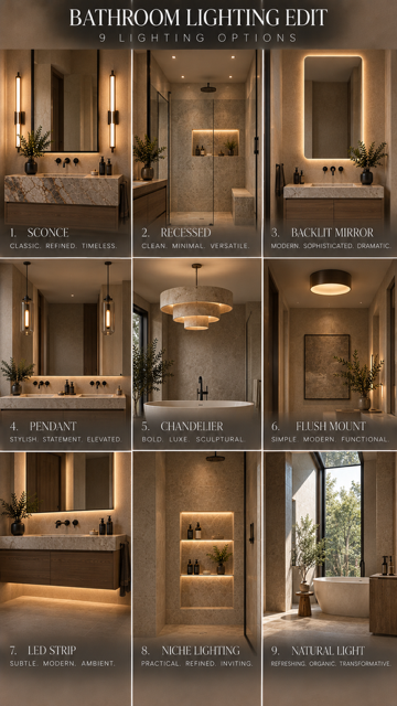 Nine bathroom lighting ideas shown side by side, comparing fixtures around mirrors and vanities.