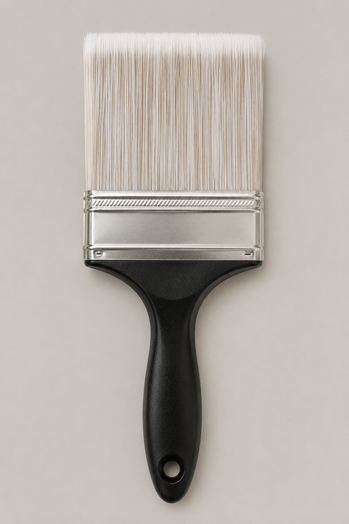 A flat 4" paint brush with white bristles, a silver metal ferrule, and a black plastic handle, shown vertically against a solid light beige background.