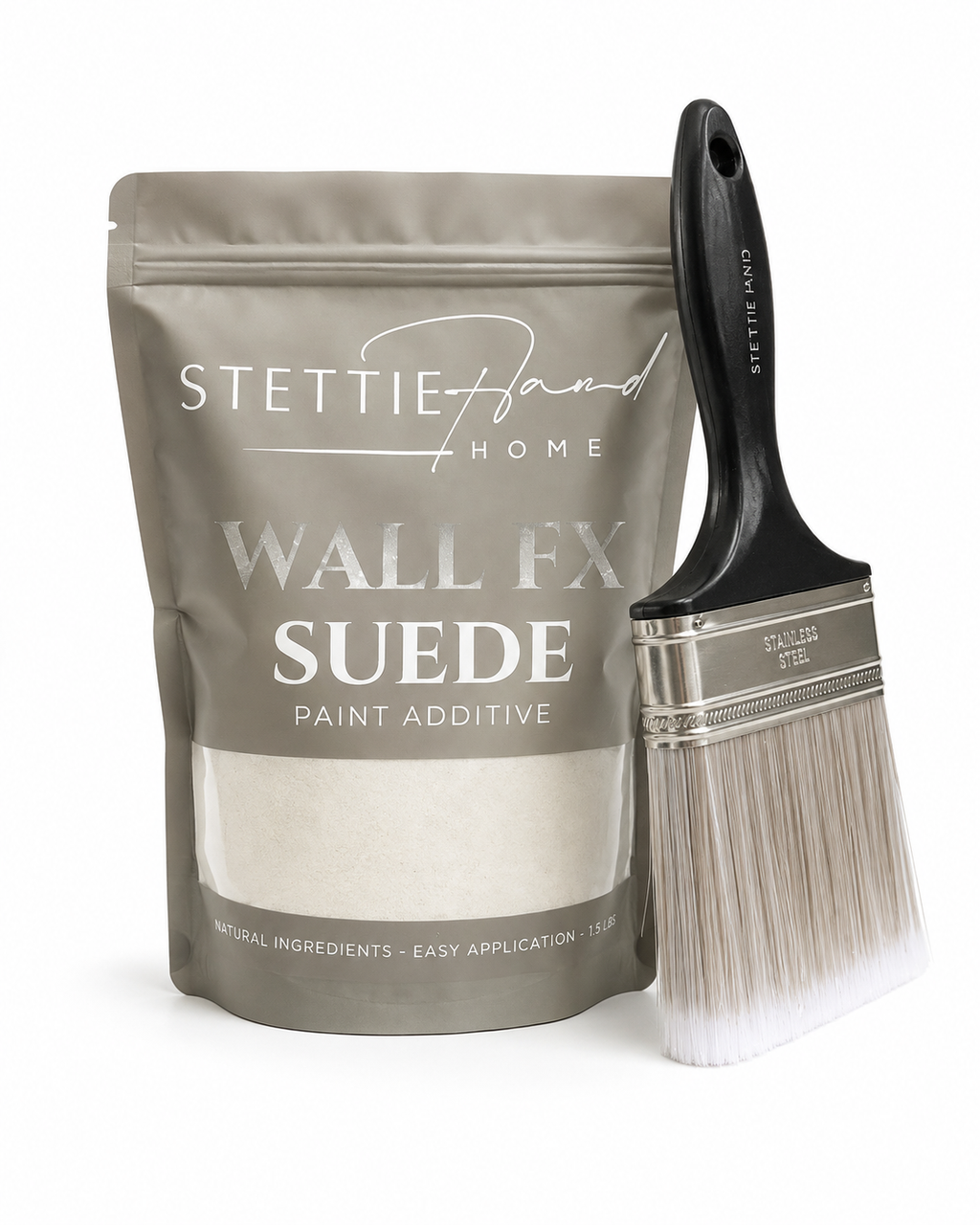 Wall FX Suede paint additive packet beside the Faux Finish Brush. Our suggested 4" light-weight paint brush.