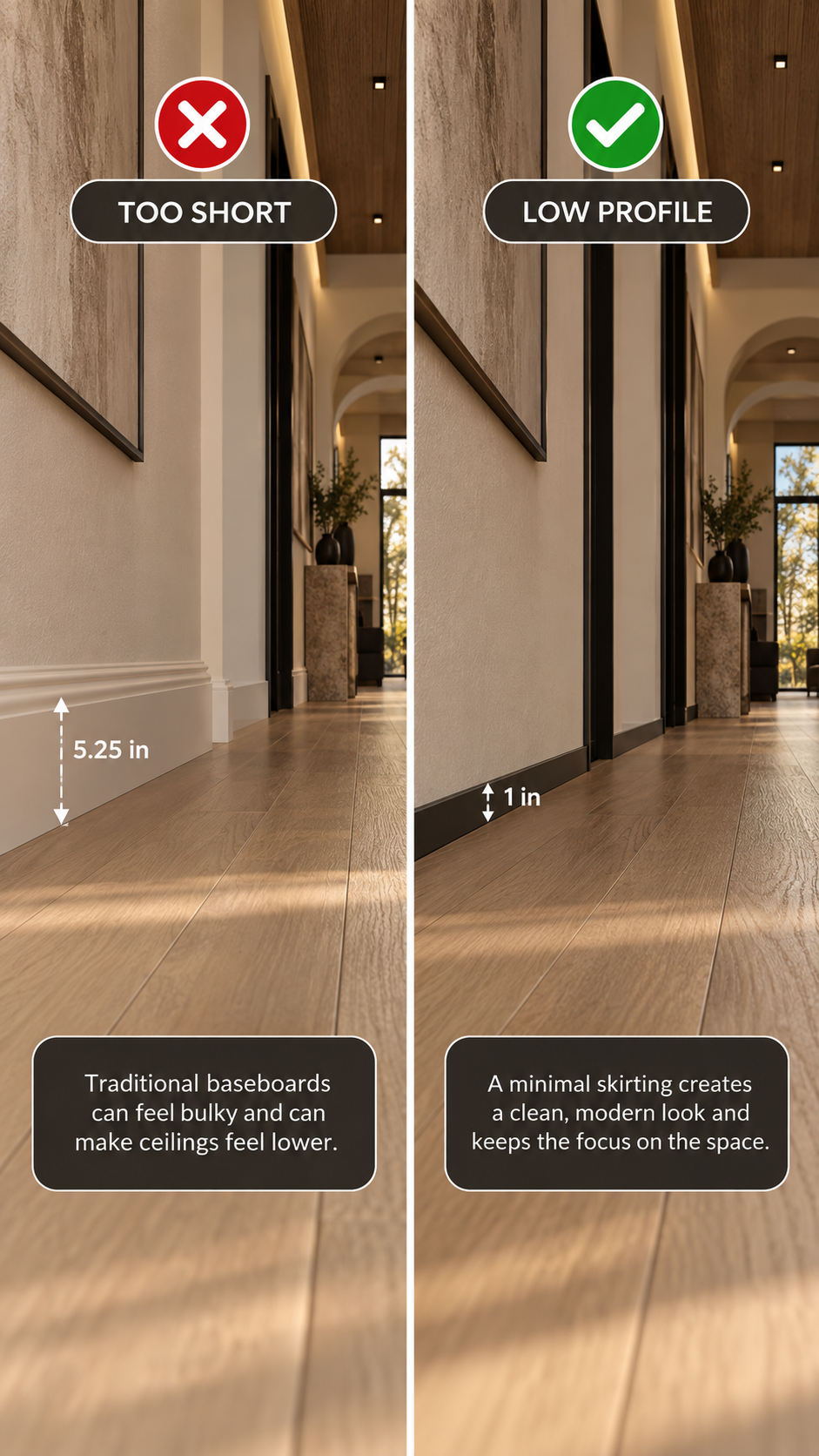 Baseboard height guide comparing a short baseboard with a taller, more balanced profile.