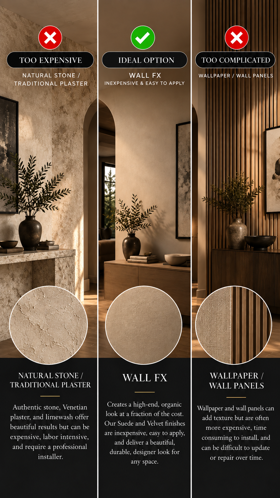 Suede-finish walls in a styled room, highlighting an affordable way to create a textured look.