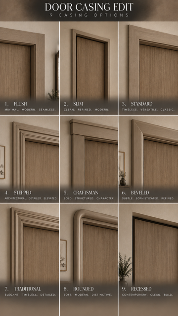 Nine interior door casing styles shown side by side, comparing trim profiles around doorways.