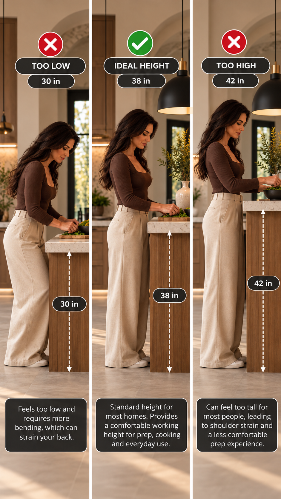 Kitchen countertop height guide comparing counters at different heights for comfortable food preparation.