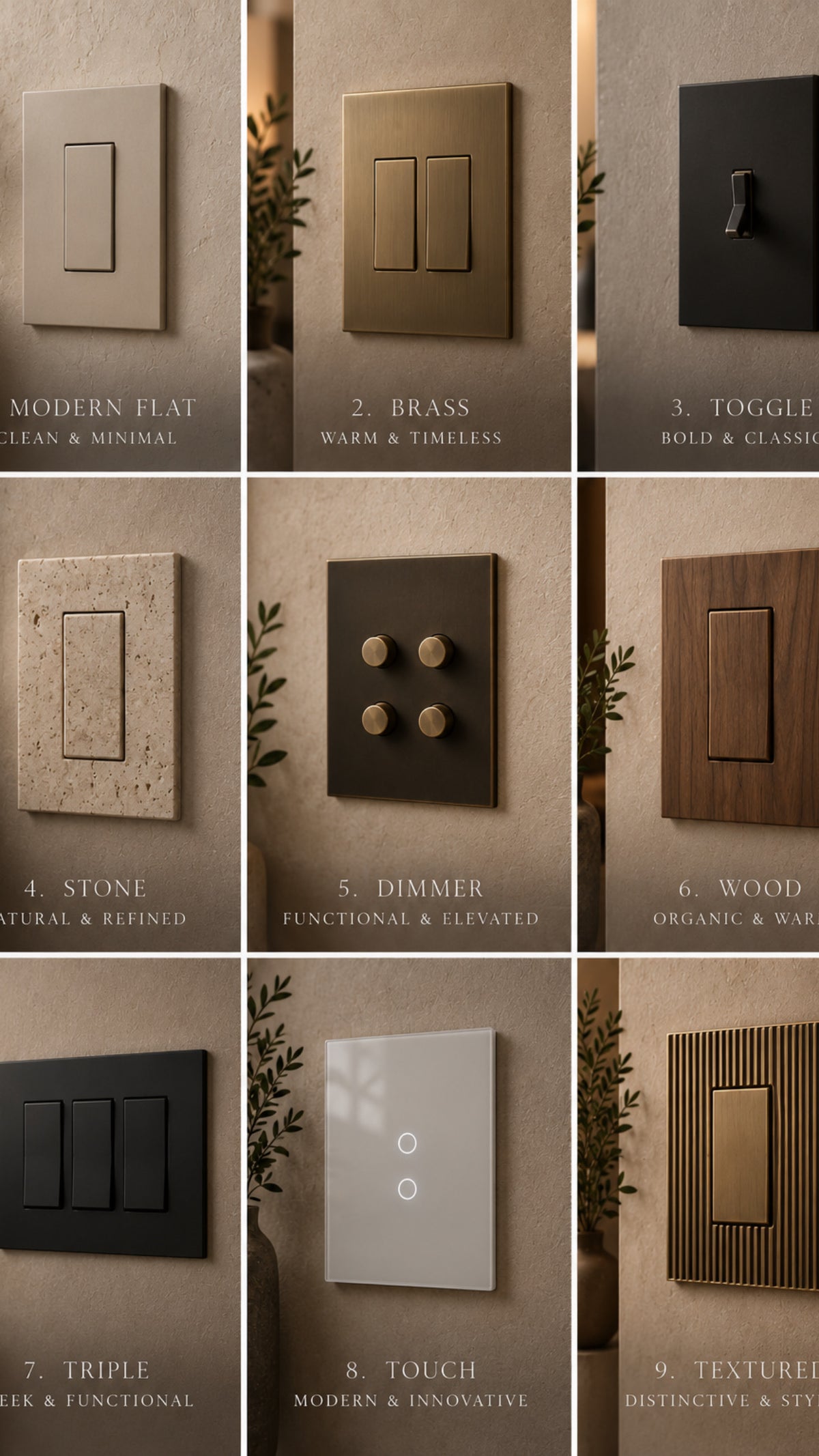 Nine wall switch and control styles shown side by side, comparing plate shapes and finishes.