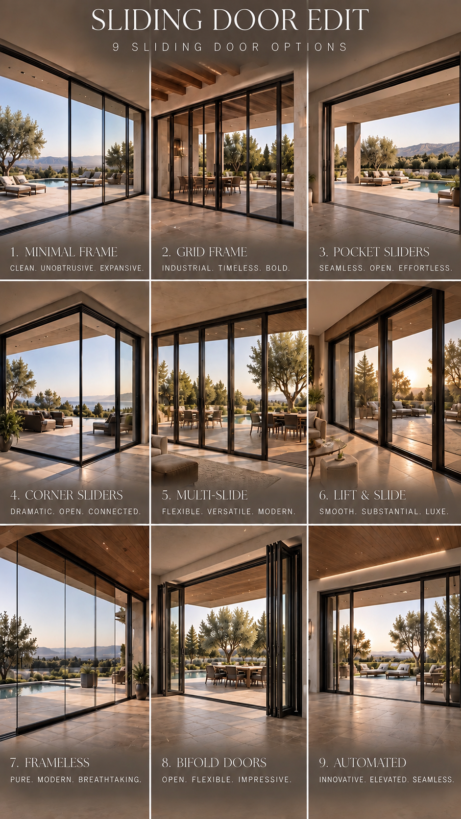Nine sliding door designs shown in interior spaces, comparing frame styles and glass panel layouts.