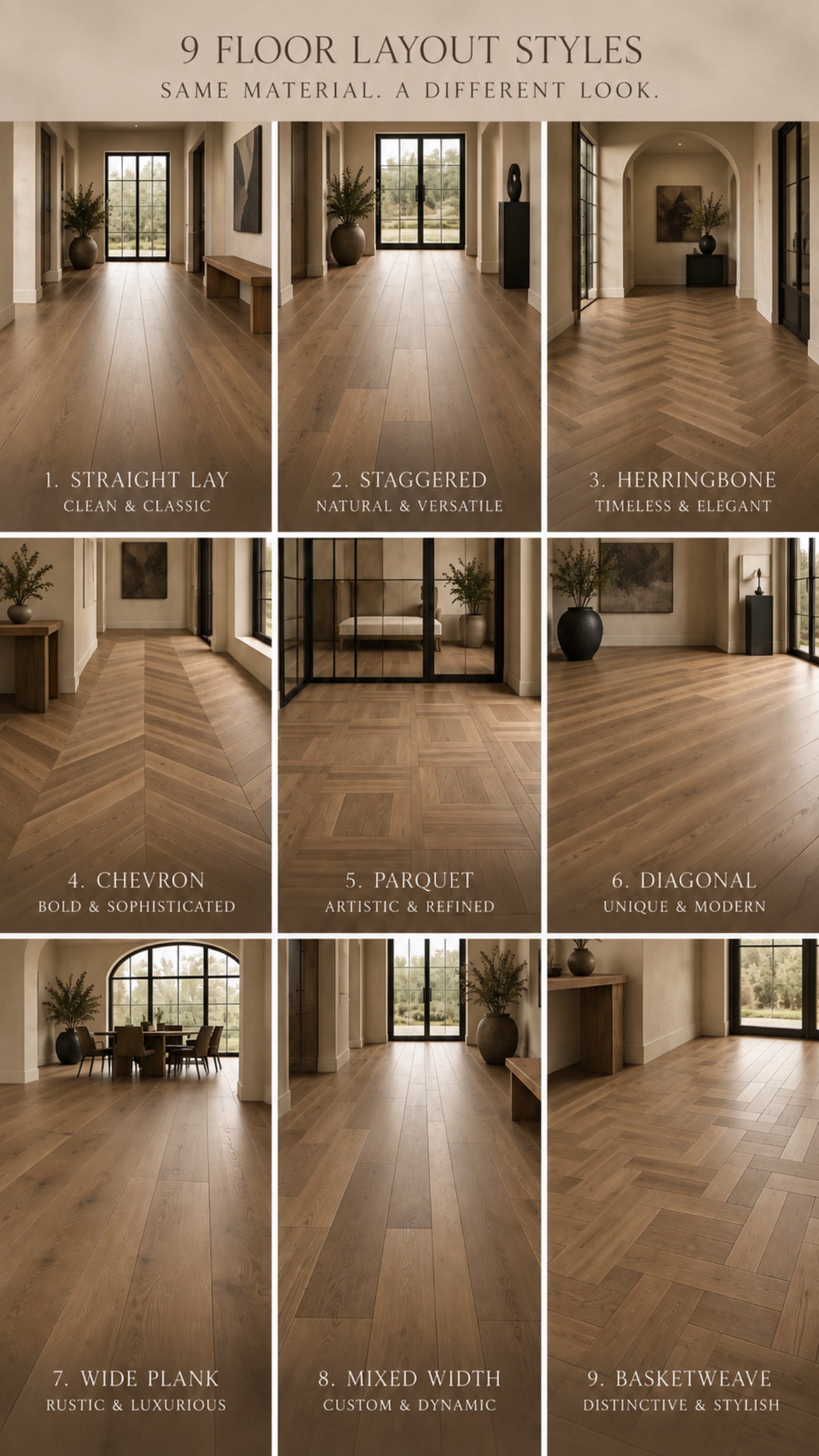 Nine interior floor layouts shown side by side, comparing room arrangements and flooring transitions.