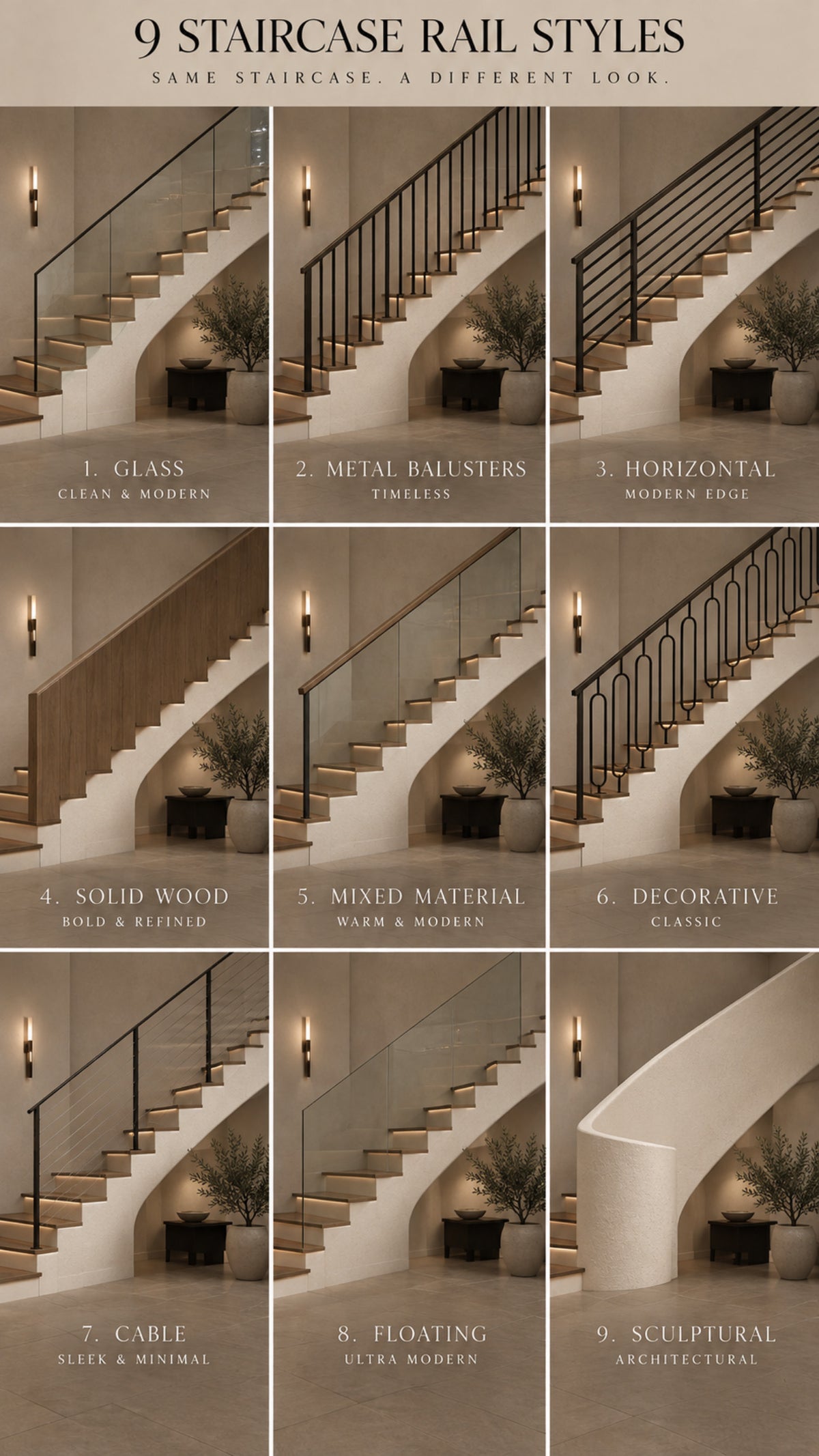 Nine staircase railing styles shown side by side, comparing balusters, handrails, and finishes.