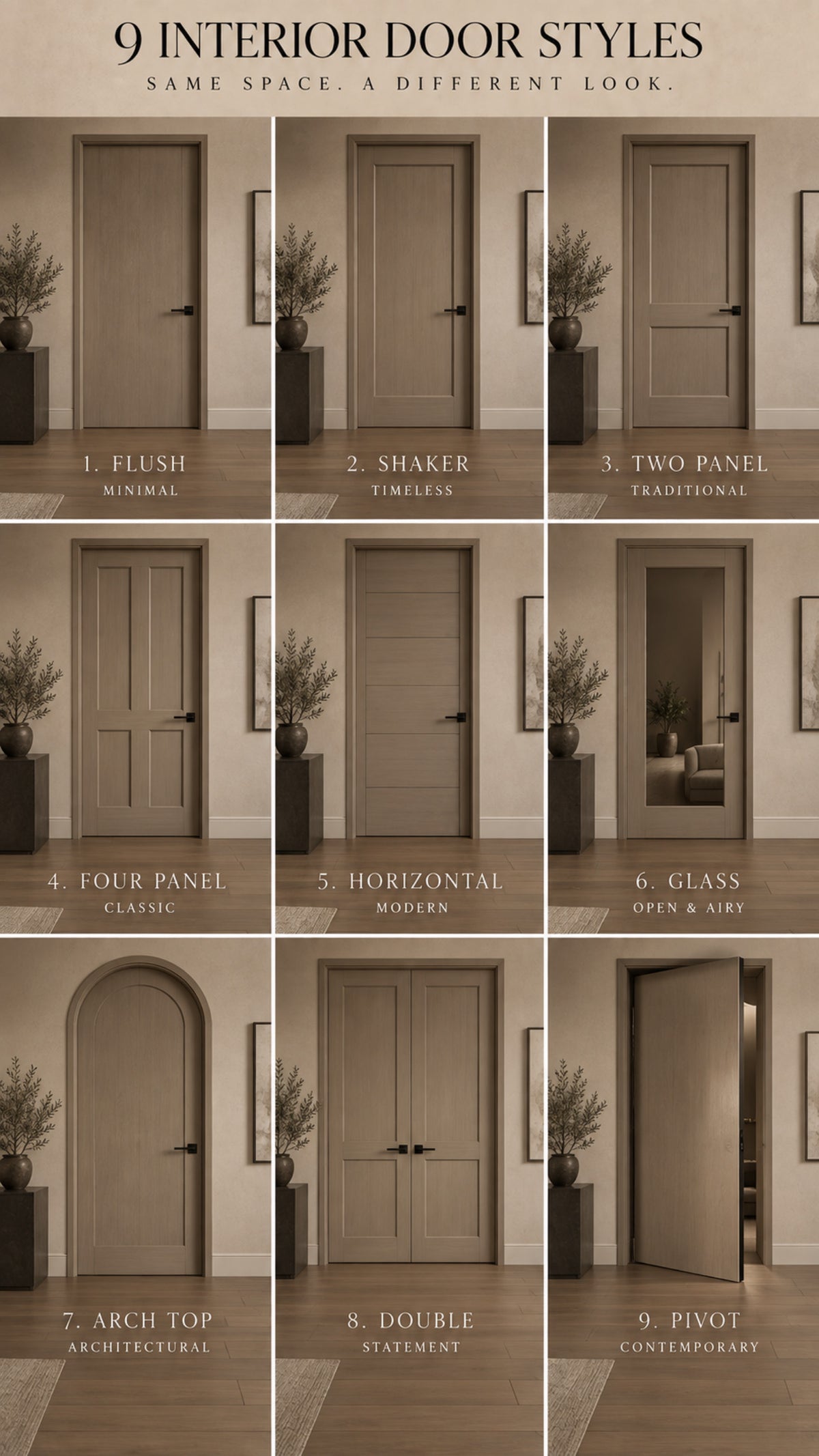 Nine interior door styles shown side by side, comparing panel designs and doorway shapes.