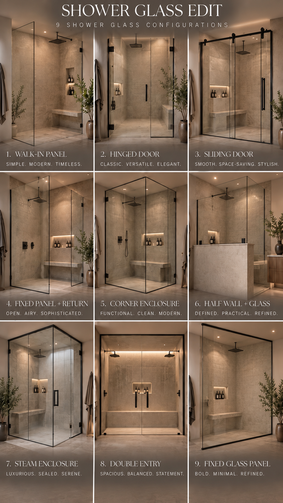 Nine shower glass enclosure styles shown side by side, comparing door shapes, frames, and layouts.
