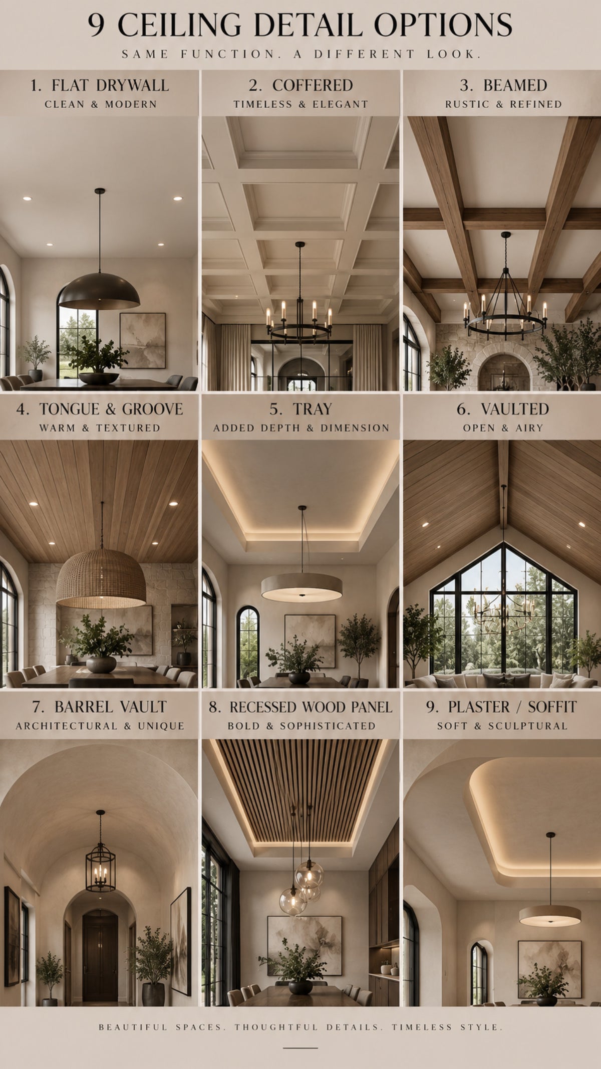 Nine ceiling detail designs shown in interior rooms, comparing beams, recessed lighting, and trim.