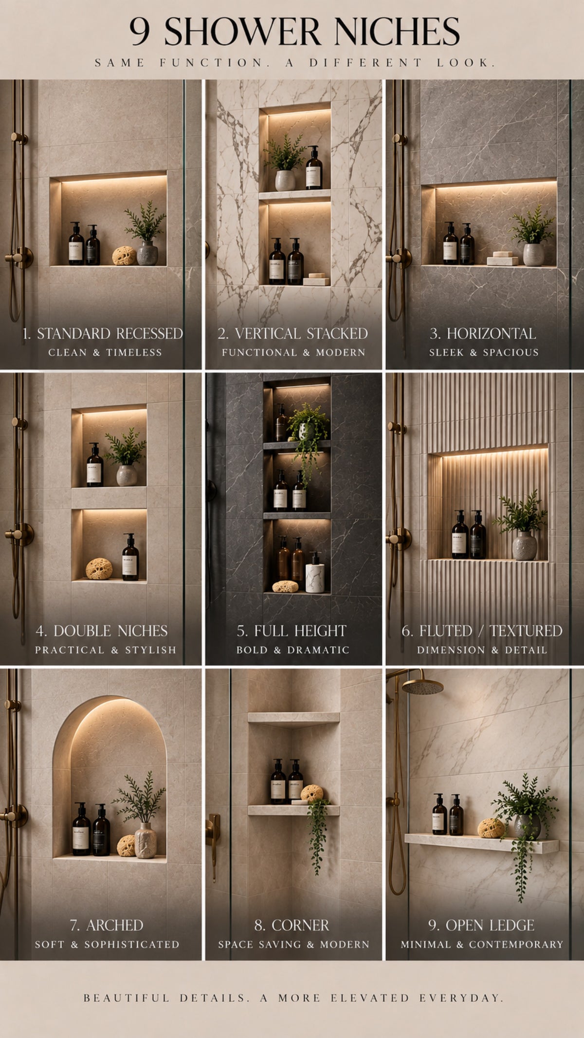 Nine shower niche designs shown side by side, comparing recessed shelves, shapes, and tile finishes.
