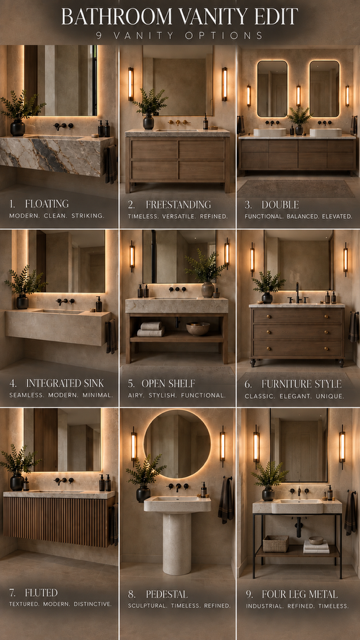 Nine bathroom vanity designs shown side by side, comparing mirror shapes, cabinetry, and sink layouts.