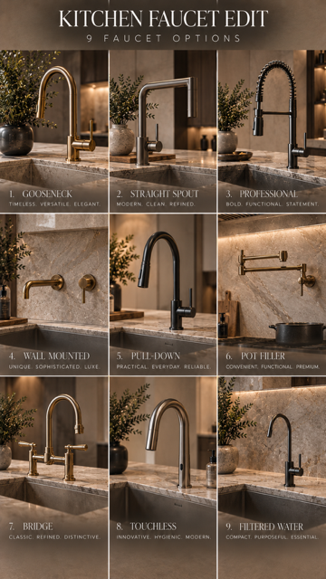 Nine kitchen faucet styles shown above sinks, comparing spout shapes and finishes.