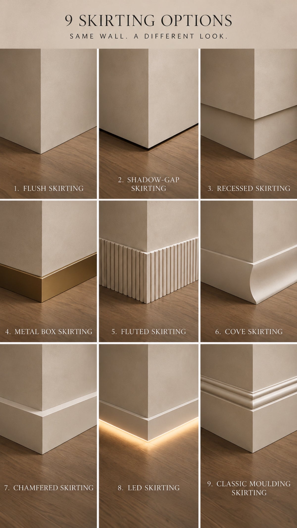 Nine skirting board profiles shown where the wall meets the floor, comparing trim shapes and heights.
