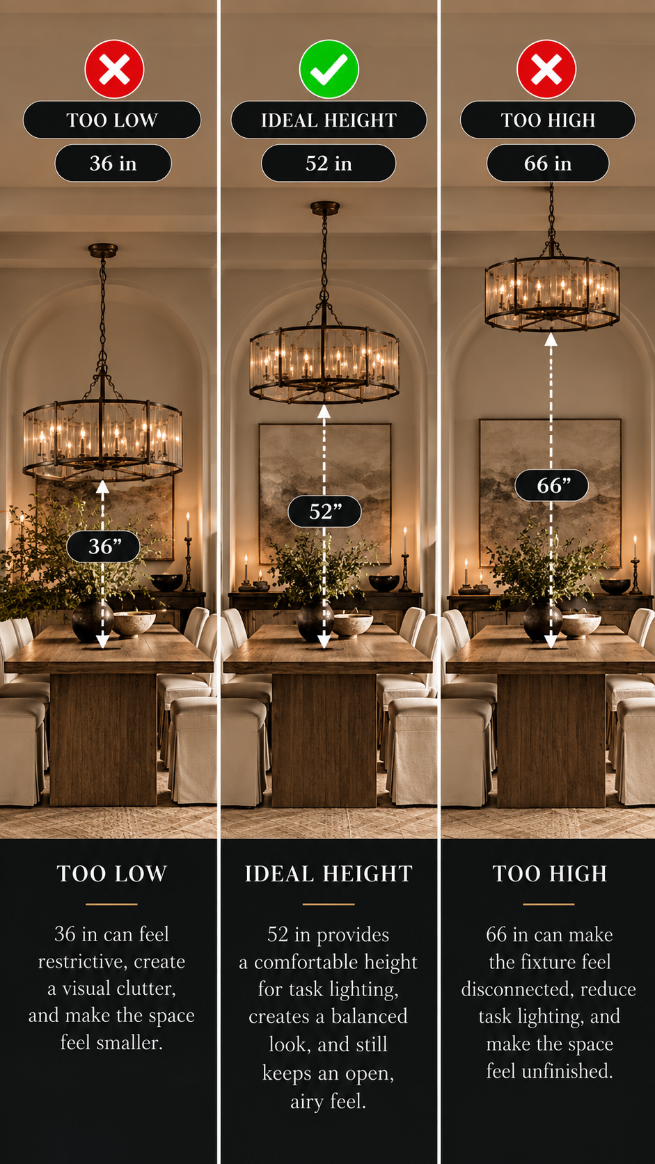 Dining room chandelier height guide comparing a fixture hung too low, at an ideal height, and too high above the table.