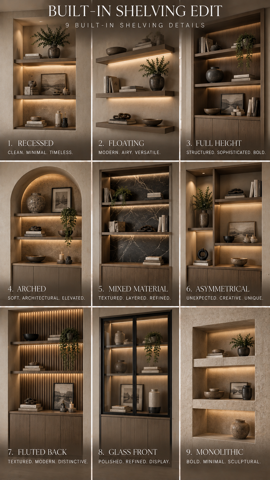Nine built-in shelving designs shown side by side, comparing arched niches, open shelves, and cabinet storage.