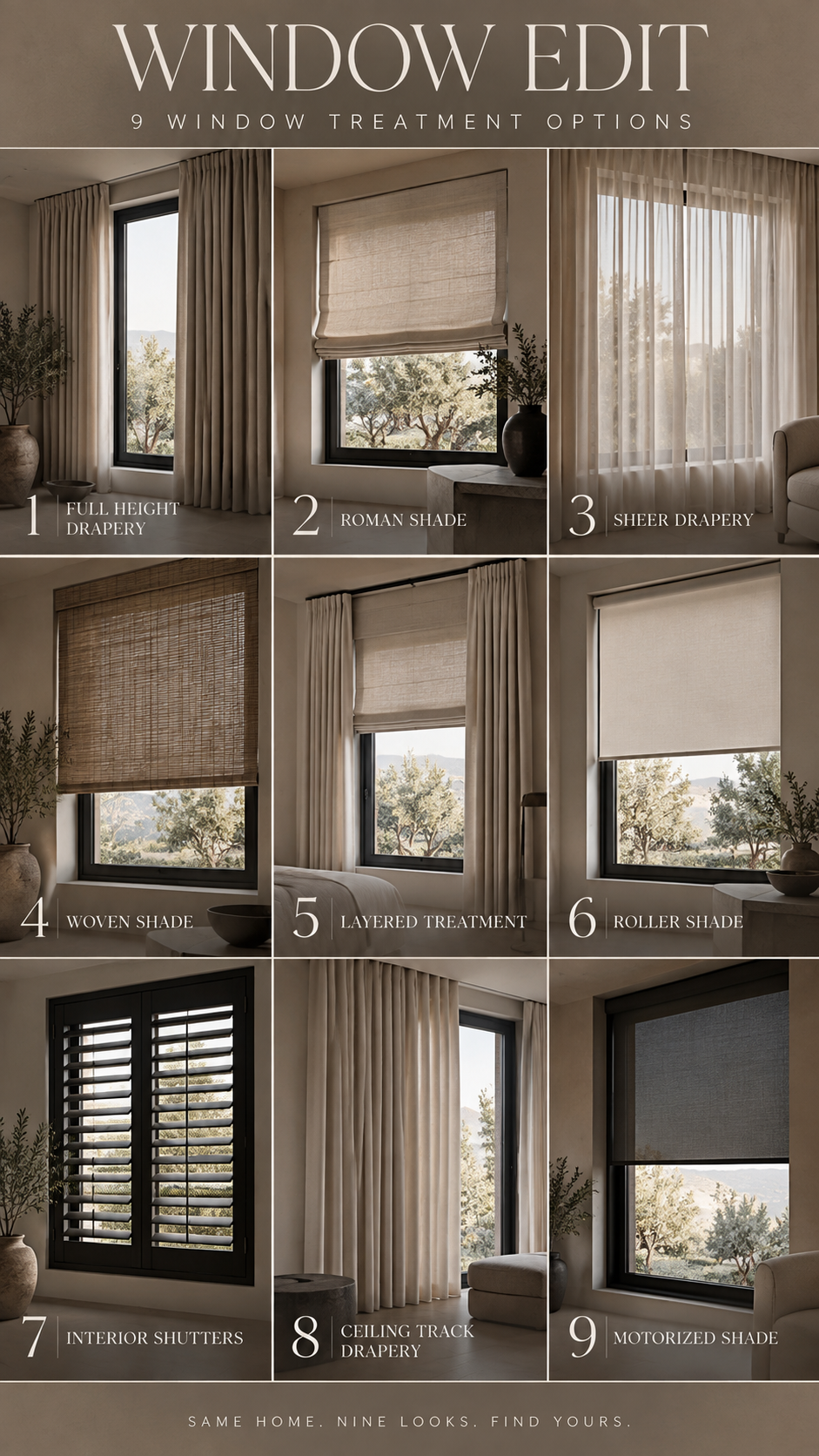 Nine window treatments and frame styles shown in interior rooms, comparing curtains, shutters, and trim.