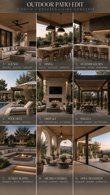 Nine outdoor patio designs shown side by side, comparing seating areas, covered spaces, and landscaping.