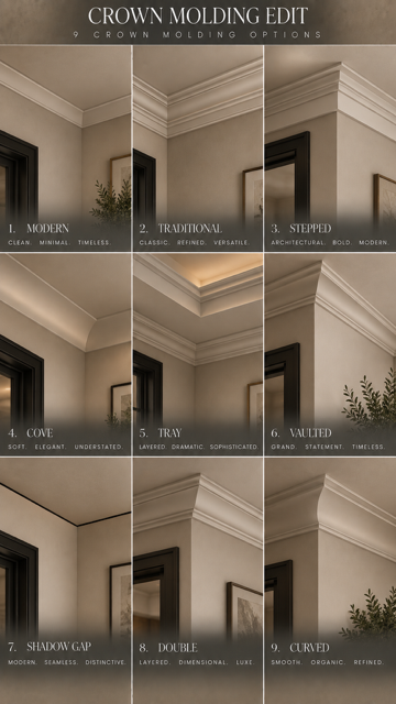 Nine crown molding styles shown at the wall and ceiling junction for a side-by-side comparison.