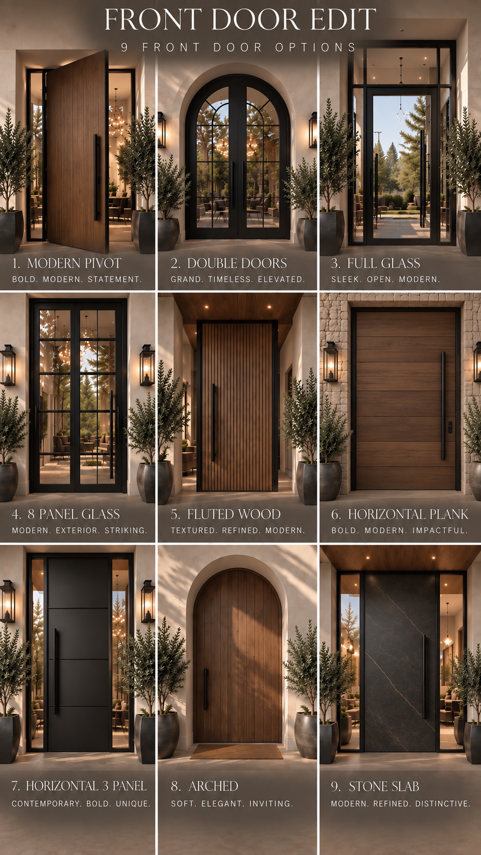 Nine front door designs shown on home exteriors, comparing shapes, glass panels, and entry details.