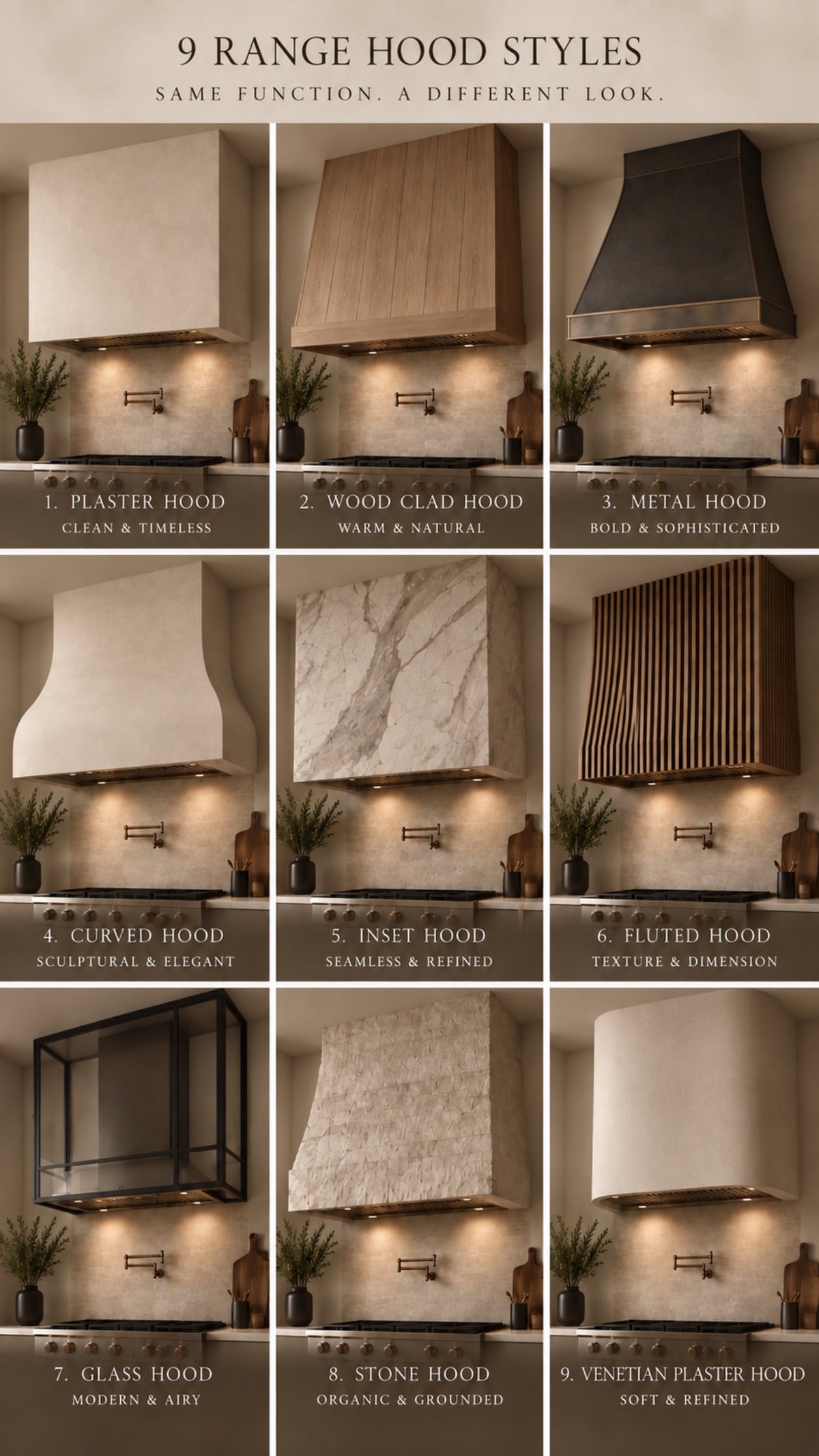 Nine kitchen range hood designs shown above cooktops, comparing shapes and finishes.