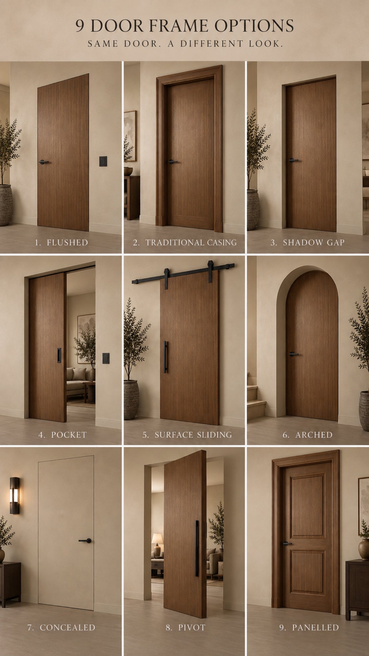 Nine interior door frame options shown side by side, comparing trim styles and doorway shapes.