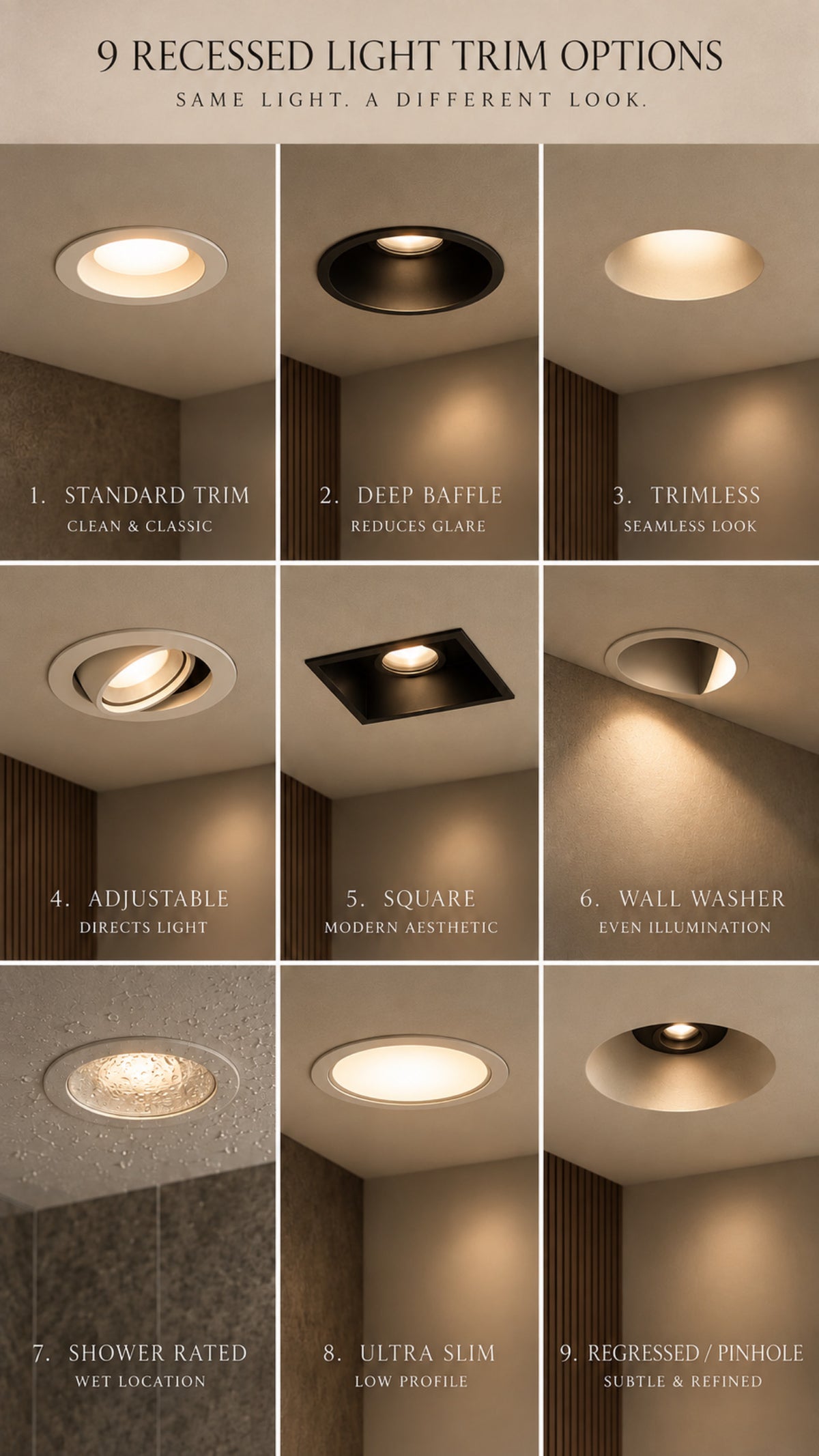 Nine recessed ceiling light trim styles shown side by side, comparing round and square fixtures.