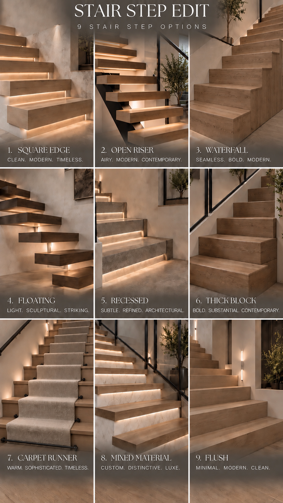 Nine staircase step designs shown side by side, comparing tread materials, shapes, and railing details.