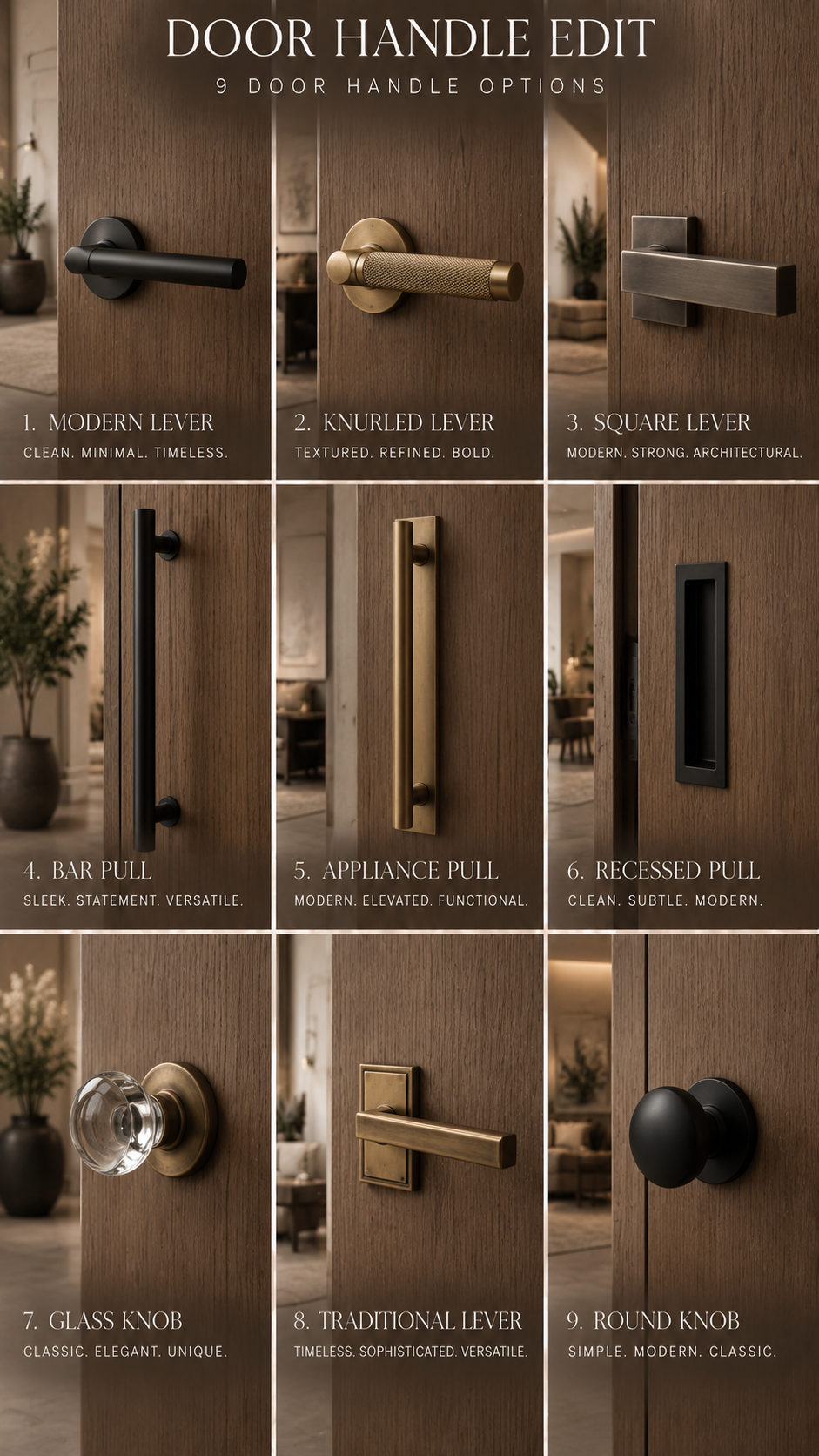 Nine door handle styles shown side by side, comparing levers, knobs, and finishes.