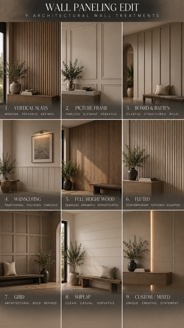 Nine wall paneling designs shown in interior rooms, comparing molding patterns and panel layouts.