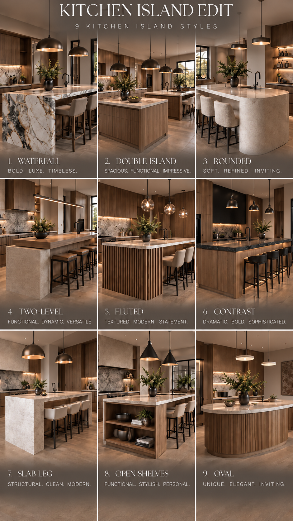 Nine kitchen island designs shown side by side, comparing countertop shapes, cabinetry, and seating layouts.