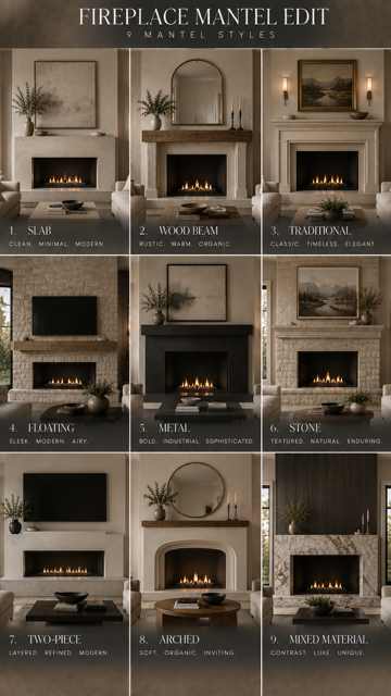 Nine fireplace mantel designs shown in living rooms, comparing different shapes and surround details.