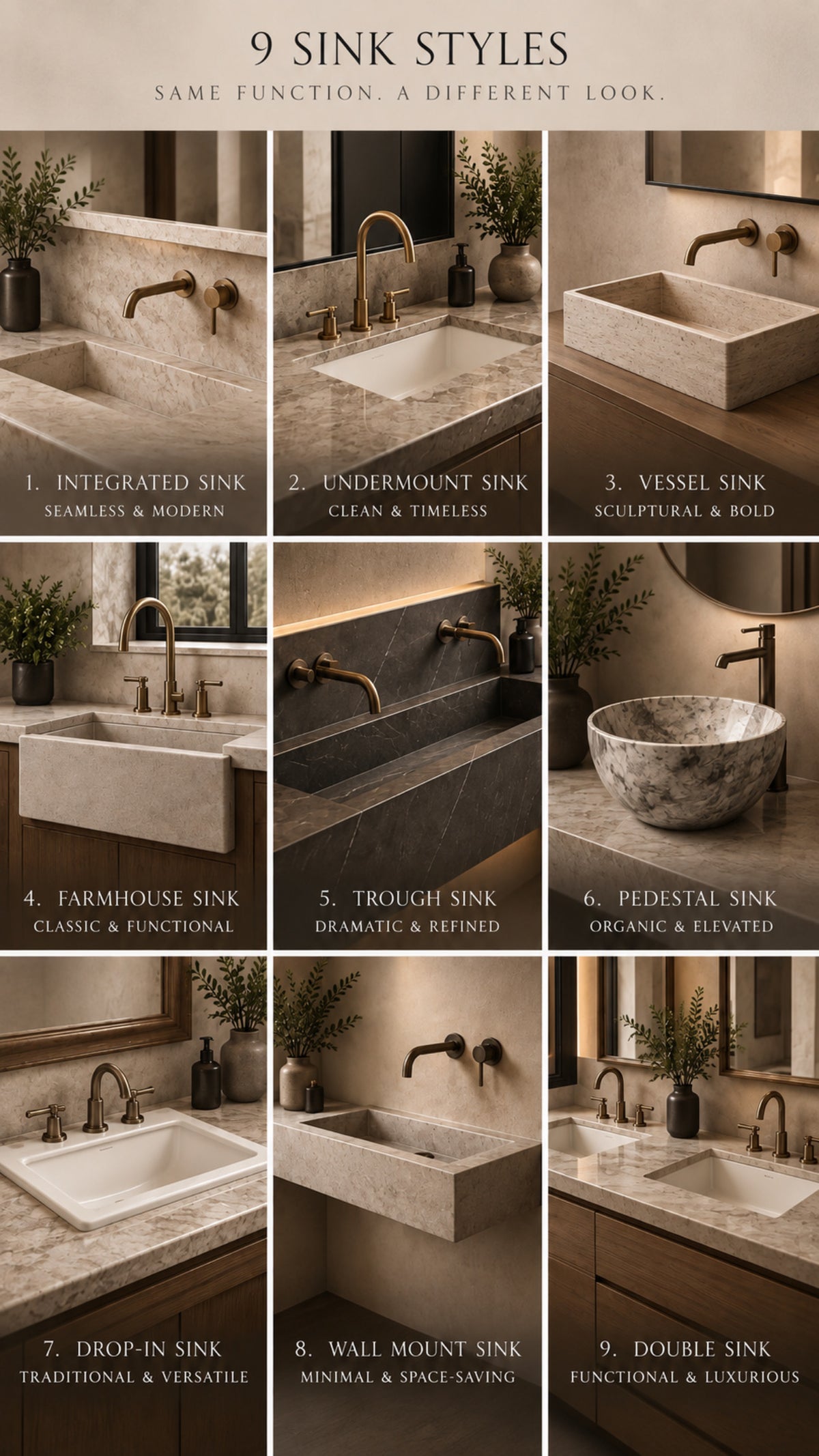 Nine sink styles shown side by side, comparing basin shapes, materials, and installations.