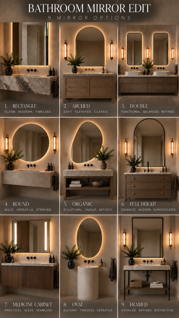 Nine bathroom mirror styles shown above vanities, comparing round, arched, and rectangular designs.