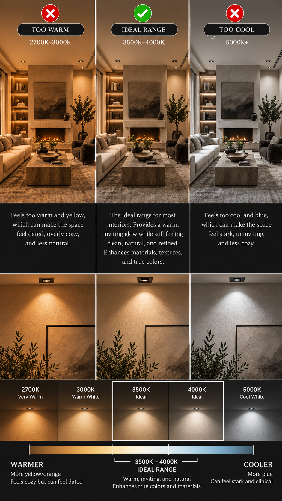 Lighting temperature guide comparing warm, neutral, and cool light in interior rooms.
