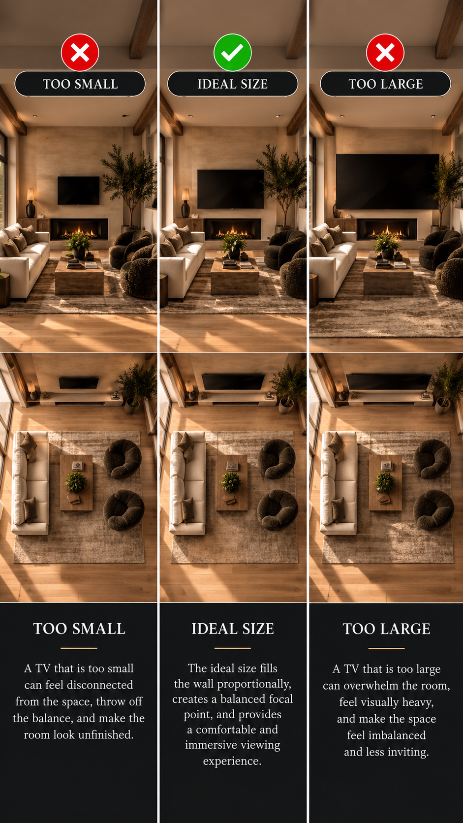 Living room rug layout guide comparing a rug that is too small, a well-proportioned rug, and one that is too large for the seating area.