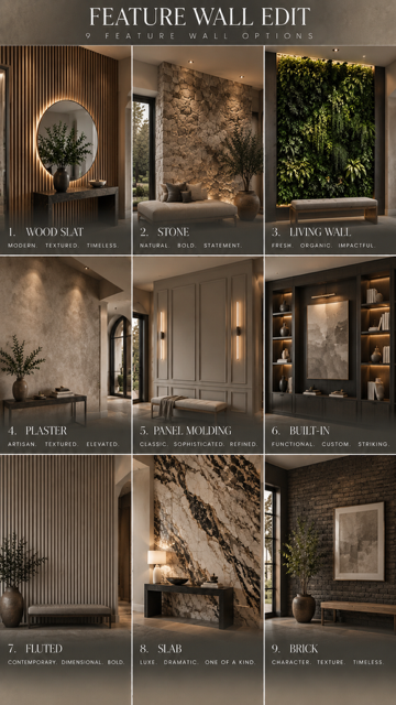 Nine feature wall ideas shown side by side, including textured finishes, paneling, and decorative wall details.