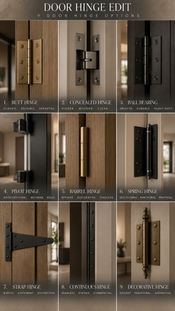 Nine door hinge styles and finishes shown on interior doors for side-by-side comparison.